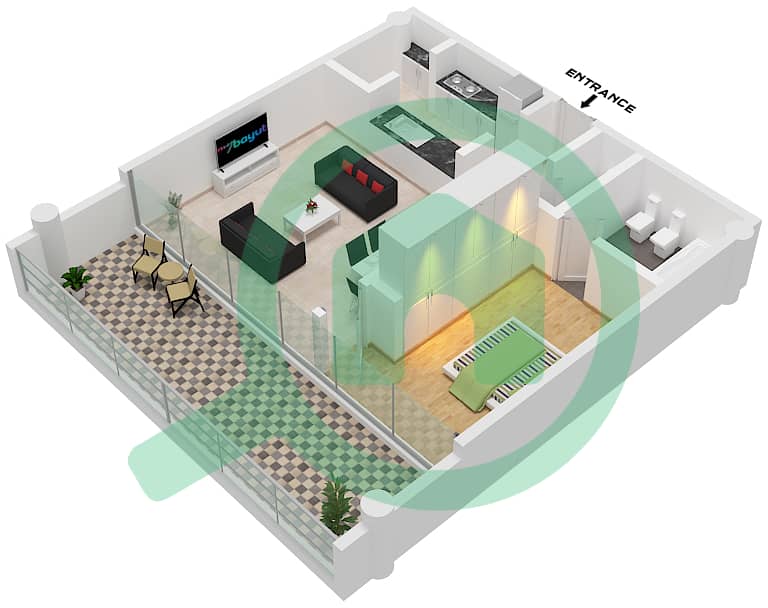 المخططات الطابقية لتصميم النموذج B1 شقة 1 غرفة نوم - ليبرتي هاوس interactive3D