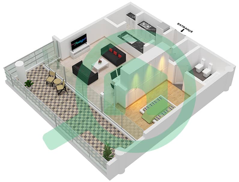المخططات الطابقية لتصميم النموذج B2 شقة 1 غرفة نوم - ليبرتي هاوس interactive3D
