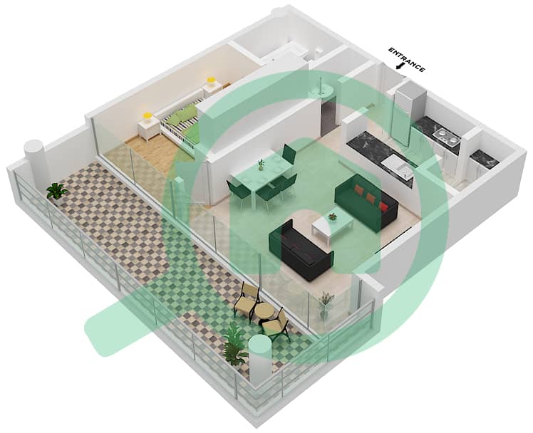 المخططات الطابقية لتصميم النموذج B02 شقة 1 غرفة نوم - ليبرتي هاوس interactive3D