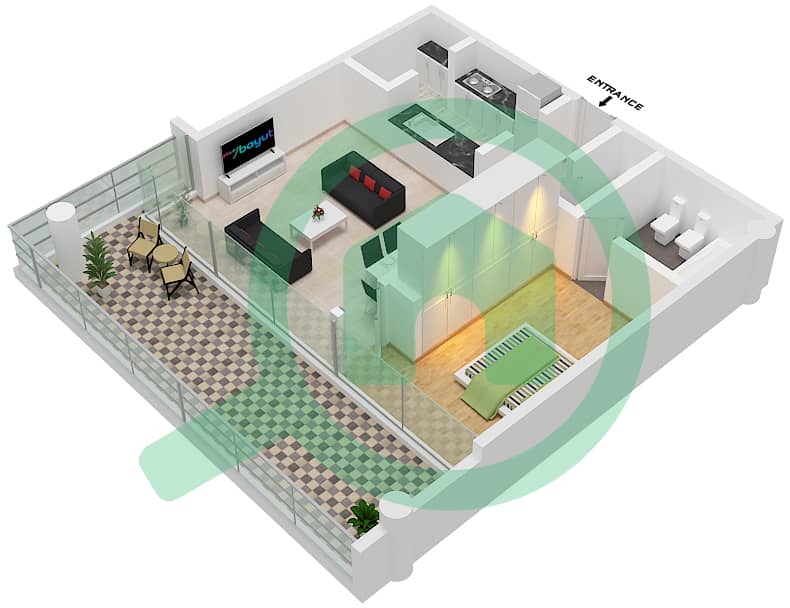 المخططات الطابقية لتصميم النموذج B03 شقة 1 غرفة نوم - ليبرتي هاوس interactive3D