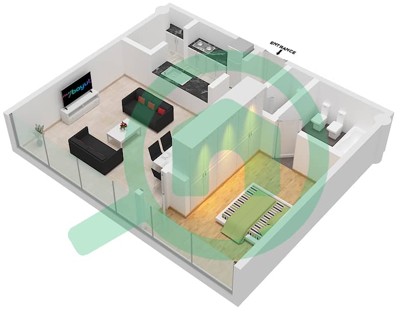 المخططات الطابقية لتصميم النموذج B4 شقة 1 غرفة نوم - ليبرتي هاوس interactive3D