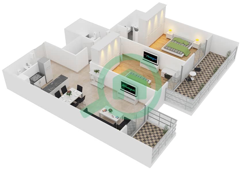 المخططات الطابقية لتصميم النموذج B5 شقة 2 غرفة نوم - الكوف interactive3D