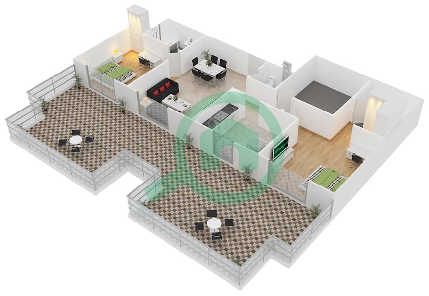 Алков - Апартамент 2 Cпальни планировка Тип B3 FLOOR 4 interactive3D