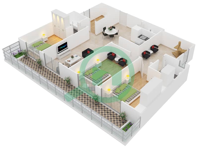 АСЕС Шато - Апартамент 3 Cпальни планировка Тип 6 interactive3D