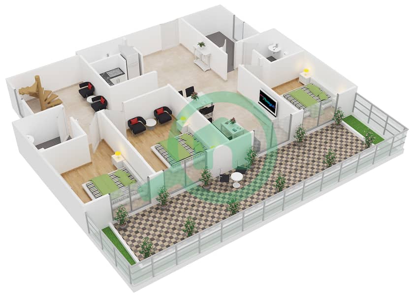 المخططات الطابقية لتصميم النموذج 5 شقة 3 غرف نوم - ايسيس شاتو‎ interactive3D