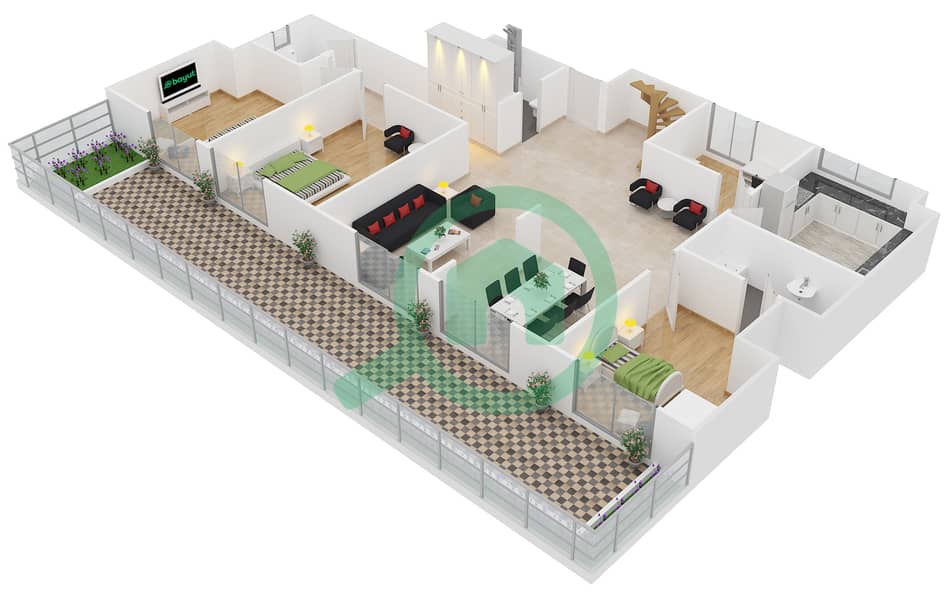 АСЕС Шато - Апартамент 3 Cпальни планировка Тип 7 interactive3D