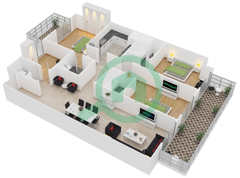 المخططات الطابقية لتصميم النموذج 3B شقة 3 غرف نوم - ايسيس شاتو‎ interactive3D