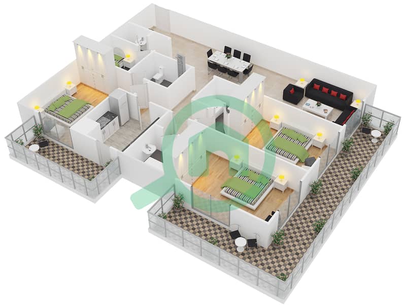 المخططات الطابقية لتصميم النموذج 3A شقة 3 غرف نوم - ايسيس شاتو‎ interactive3D