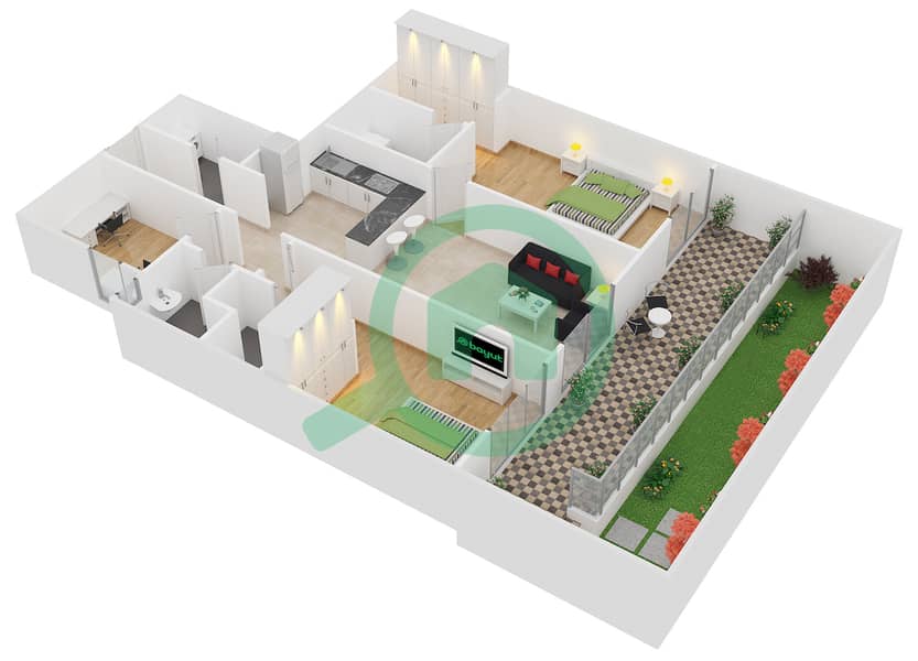 المخططات الطابقية لتصميم النموذج 2A شقة 2 غرفة نوم - ايسيس شاتو‎ interactive3D