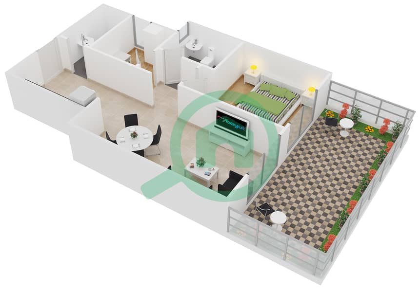 المخططات الطابقية لتصميم النموذج 1F شقة 1 غرفة نوم - ايسيس شاتو‎ interactive3D