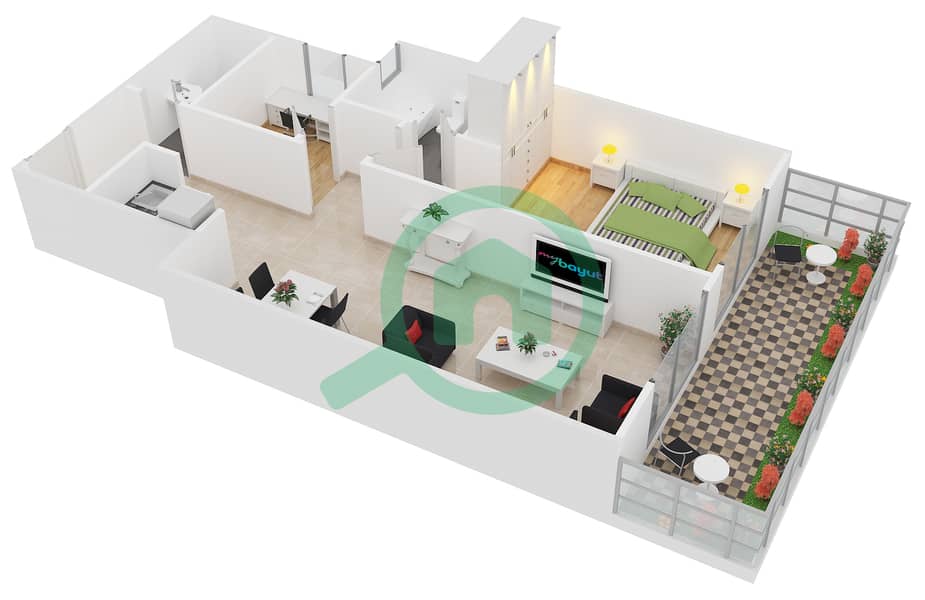 المخططات الطابقية لتصميم النموذج 1E شقة 1 غرفة نوم - ايسيس شاتو‎ interactive3D