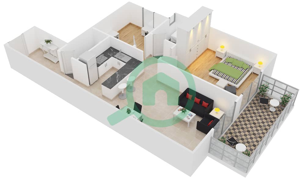 المخططات الطابقية لتصميم النموذج 1D شقة 1 غرفة نوم - ايسيس شاتو‎ interactive3D