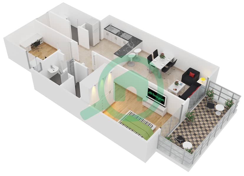 المخططات الطابقية لتصميم النموذج 1C شقة 1 غرفة نوم - ايسيس شاتو‎ interactive3D