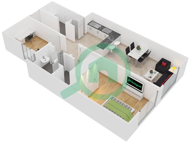 المخططات الطابقية لتصميم النموذج 1B شقة 1 غرفة نوم - ايسيس شاتو‎ interactive3D