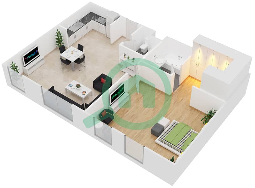 المخططات الطابقية لتصميم الوحدة B2 شقة 1 غرفة نوم - مساكن أستوريا interactive3D
