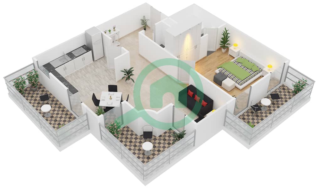 المخططات الطابقية لتصميم الوحدة B4 شقة 1 غرفة نوم - مساكن أستوريا interactive3D