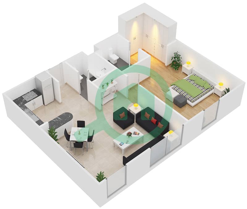 المخططات الطابقية لتصميم الوحدة B6 شقة 1 غرفة نوم - مساكن أستوريا interactive3D
