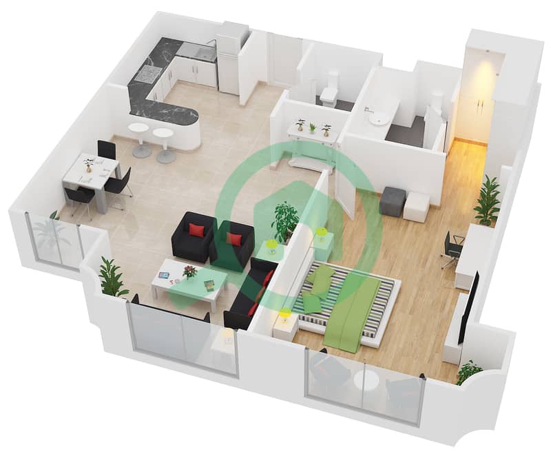 المخططات الطابقية لتصميم الوحدة B7 شقة 1 غرفة نوم - مساكن أستوريا interactive3D