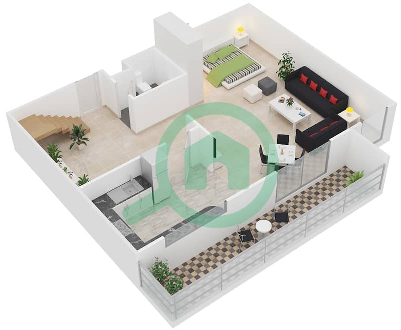 المخططات الطابقية لتصميم الوحدة C شقة 2 غرفة نوم - مساكن أستوريا interactive3D