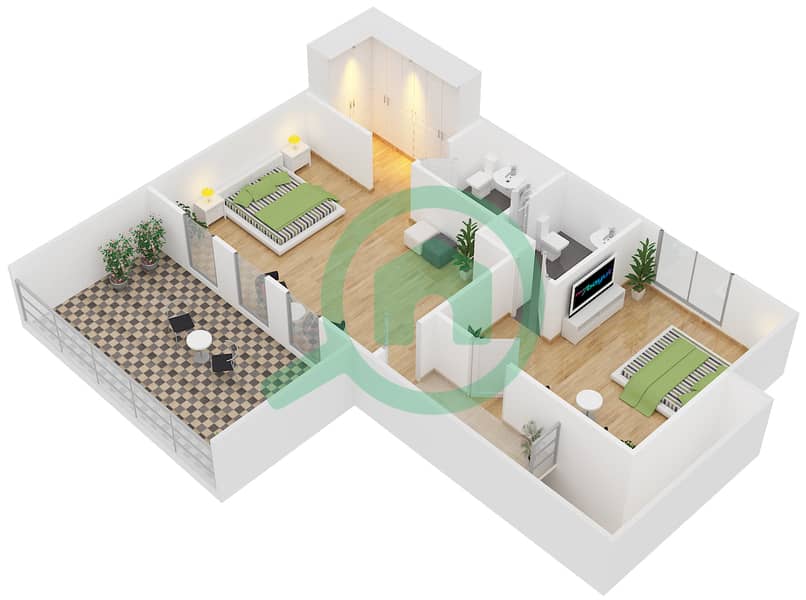 المخططات الطابقية لتصميم الوحدة D1 شقة 3 غرف نوم - مساكن أستوريا interactive3D