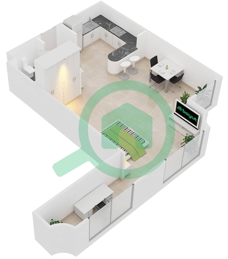 المخططات الطابقية لتصميم الوحدة A3 شقة استوديو - مساكن أستوريا interactive3D
