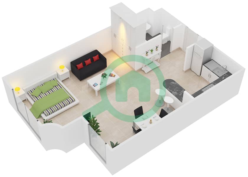 المخططات الطابقية لتصميم الوحدة A1 شقة استوديو - مساكن أستوريا interactive3D