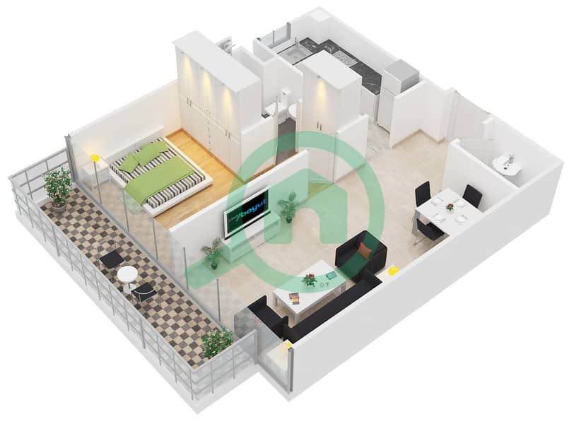 المخططات الطابقية لتصميم النموذج A شقة 1 غرفة نوم - ابراج بلووم interactive3D