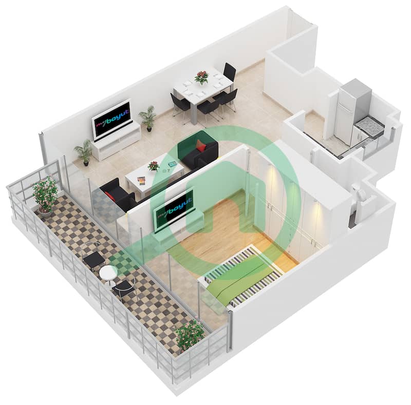 المخططات الطابقية لتصميم النموذج C شقة 1 غرفة نوم - ابراج بلووم interactive3D