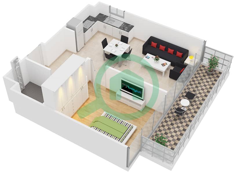 Bloom Towers - 1 Bedroom Apartment Type B Floor plan interactive3D