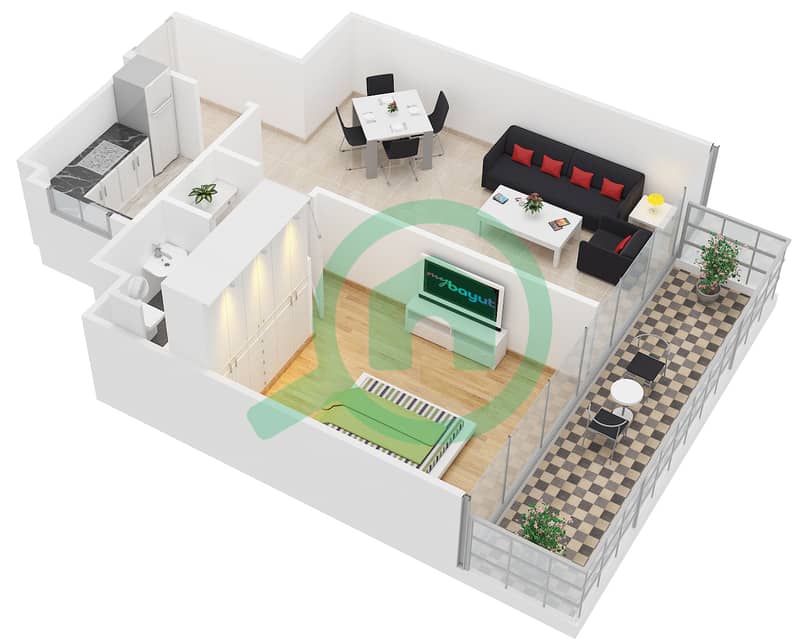 المخططات الطابقية لتصميم النموذج D شقة 1 غرفة نوم - ابراج بلووم interactive3D