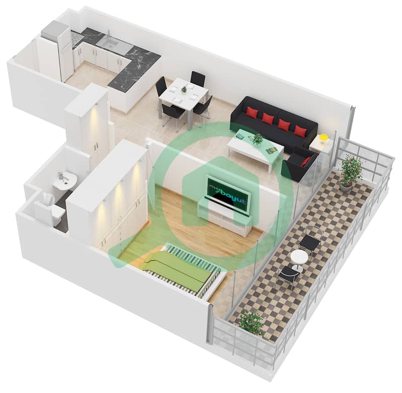 Bloom Towers - 1 Bedroom Apartment Type E Floor plan interactive3D