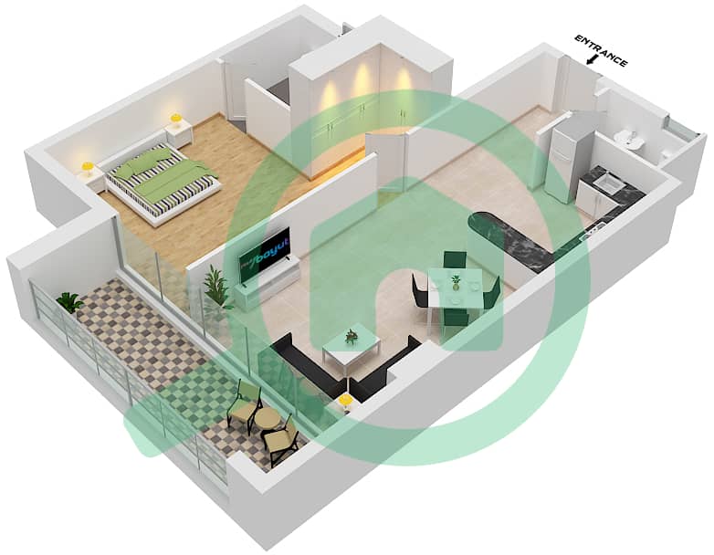 光明之角公寓 - 1 卧室公寓单位105,205,305戶型图 interactive3D