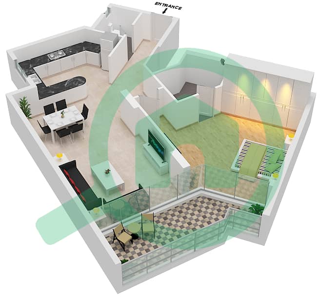 المخططات الطابقية لتصميم الوحدة 106,206,306 شقة 1 غرفة نوم - برايت كورنر interactive3D
