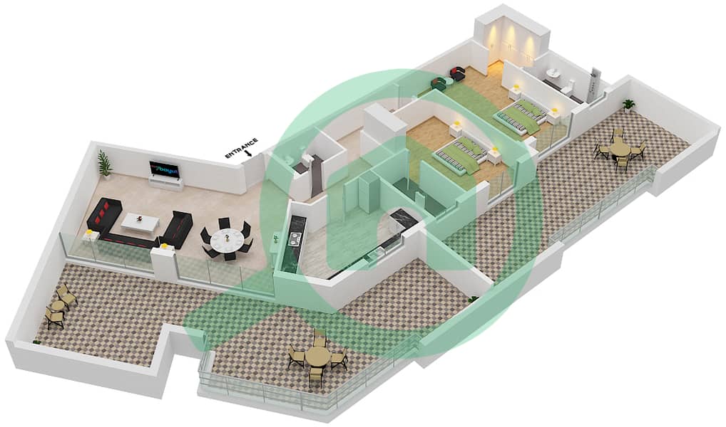 المخططات الطابقية لتصميم الوحدة 402 شقة 2 غرفة نوم - برايت كورنر interactive3D