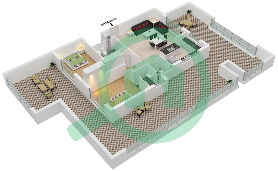 المخططات الطابقية لتصميم الوحدة 404 شقة 2 غرفة نوم - برايت كورنر interactive3D