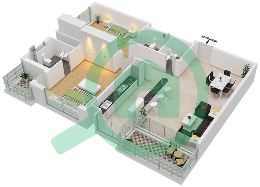المخططات الطابقية لتصميم الوحدة 103,203,303 شقة 2 غرفة نوم - برايت كورنر interactive3D