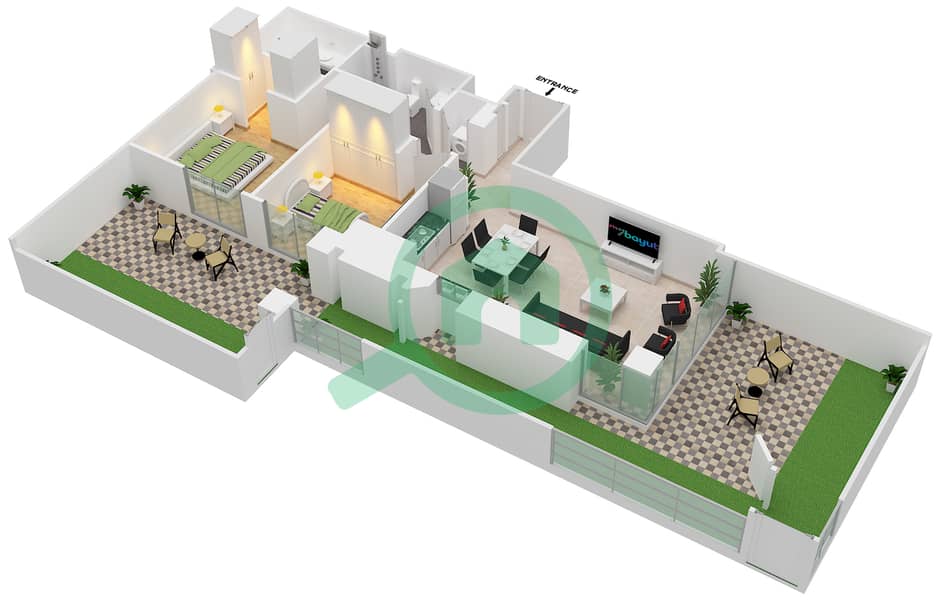 المخططات الطابقية لتصميم الوحدة 102 شقة 2 غرفة نوم - بريز في كريك بيتش interactive3D