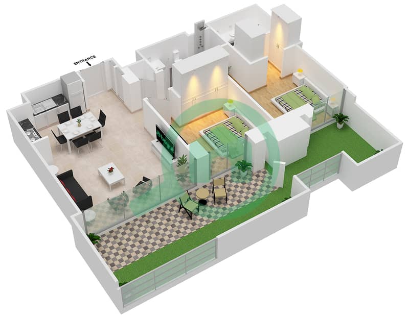 المخططات الطابقية لتصميم الوحدة 103 شقة 2 غرفة نوم - بريز في كريك بيتش interactive3D