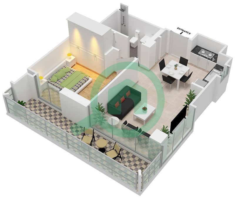 المخططات الطابقية لتصميم الوحدة 202,302,405,505,602 شقة 1 غرفة نوم - بريز في كريك بيتش interactive3D