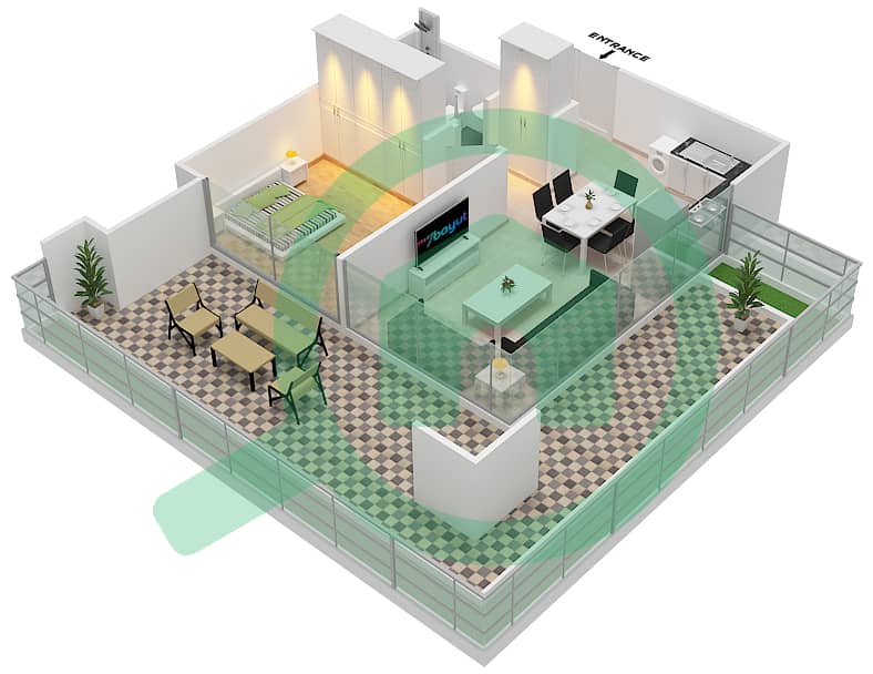 المخططات الطابقية لتصميم النموذج 1 شقة 1 غرفة نوم - عزيزي ريفييرا 48 interactive3D