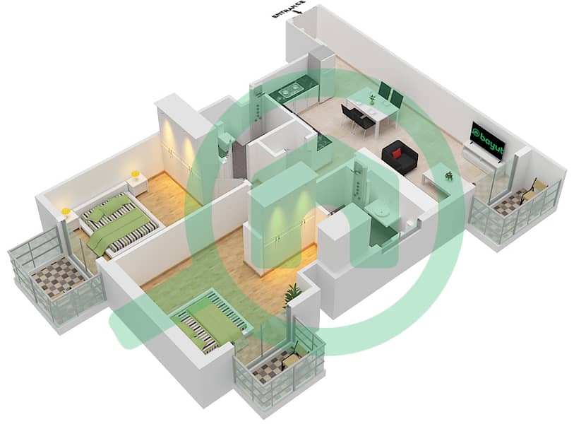 贝尔格莱维亚住宅2号楼 - 2 卧室公寓类型／单位T3A/208戶型图 interactive3D