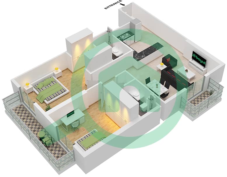 المخططات الطابقية لتصميم النموذج / الوحدة T1A/204 شقة 2 غرفة نوم - بلغرافيا هايتس 2 interactive3D