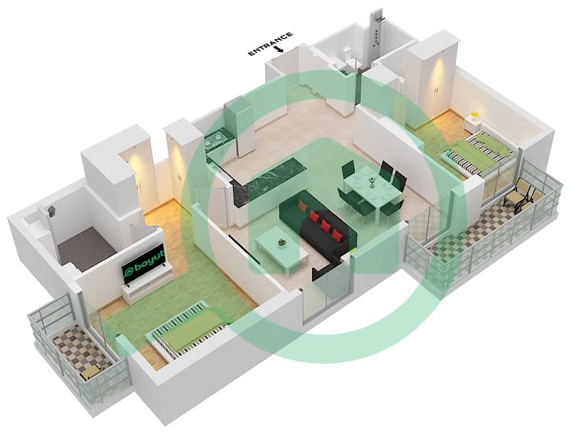 المخططات الطابقية لتصميم النموذج / الوحدة T2A/202 شقة 2 غرفة نوم - بلغرافيا هايتس 2 interactive3D