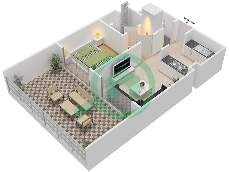 Dar Al Jawhara Residence - 1 Bedroom Apartment Type 2 Floor plan interactive3D