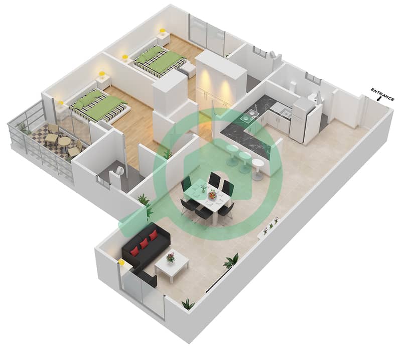 المخططات الطابقية لتصميم النموذج 3 شقة 2 غرفة نوم - دار الجوهرة ريزيدنس interactive3D