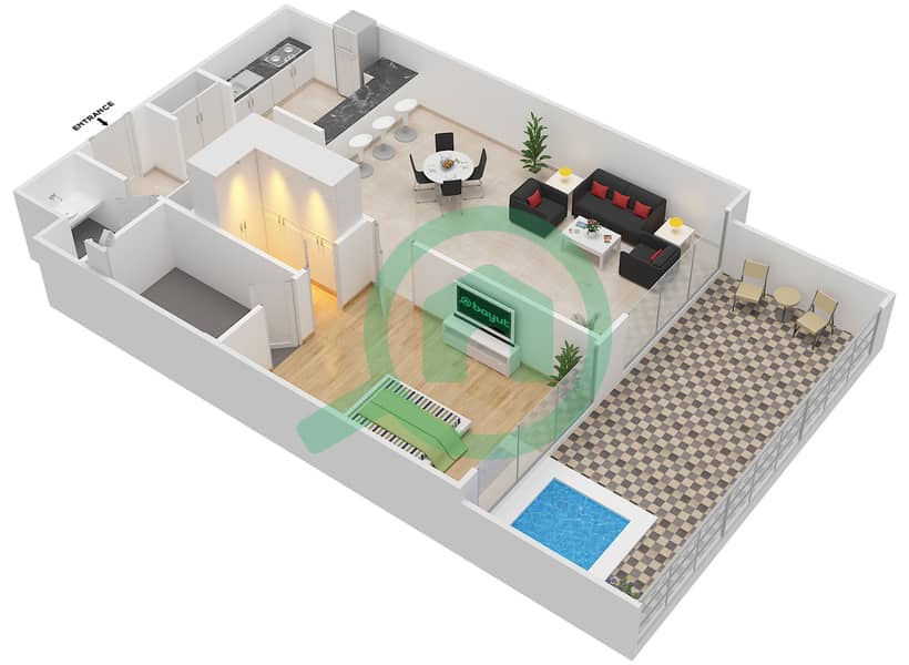 المخططات الطابقية لتصميم الوحدة 104 شقة 1 غرفة نوم - كابودوشا interactive3D