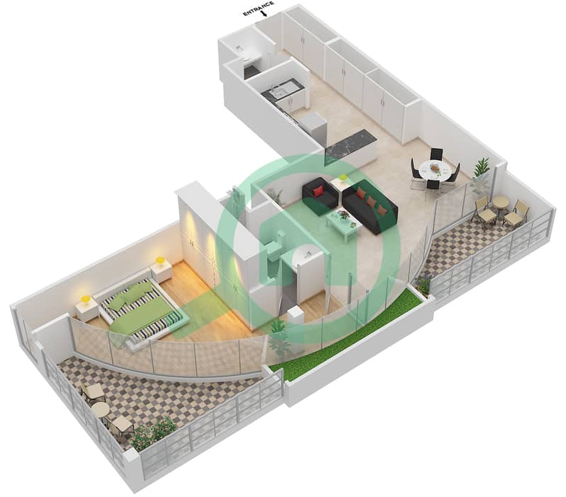 المخططات الطابقية لتصميم الوحدة 106 شقة 1 غرفة نوم - كابودوشا interactive3D