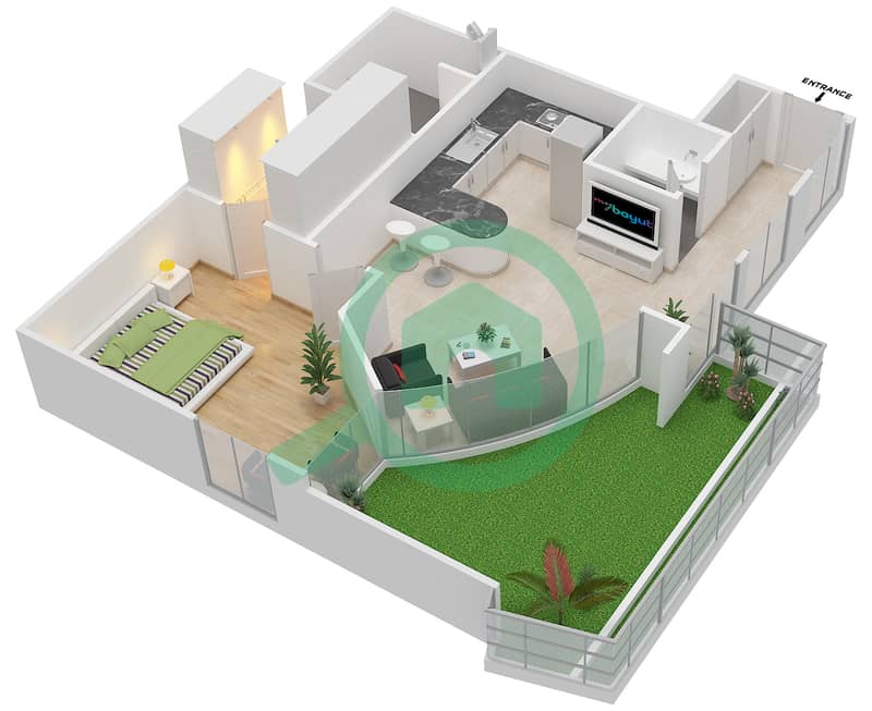 المخططات الطابقية لتصميم الوحدة 114 شقة 1 غرفة نوم - كابودوشا interactive3D