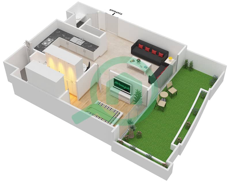 المخططات الطابقية لتصميم الوحدة 116 شقة 1 غرفة نوم - كابودوشا interactive3D