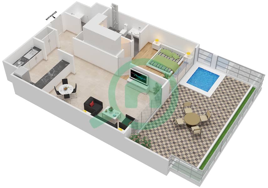 المخططات الطابقية لتصميم الوحدة 203 شقة 1 غرفة نوم - كابودوشا interactive3D